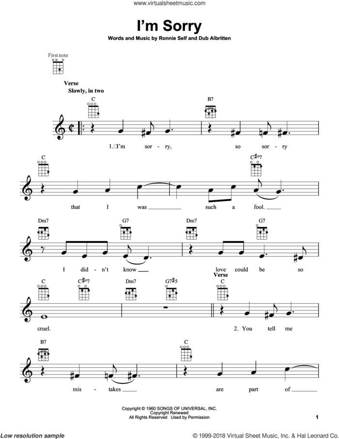 I'm Sorry sheet music for ukulele by Brenda Lee, intermediate skill level