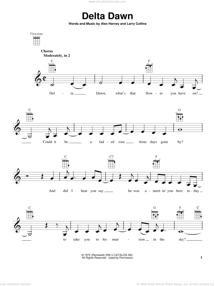 Delta Dawn sheet music for ukulele by Helen Reddy, intermediate skill level