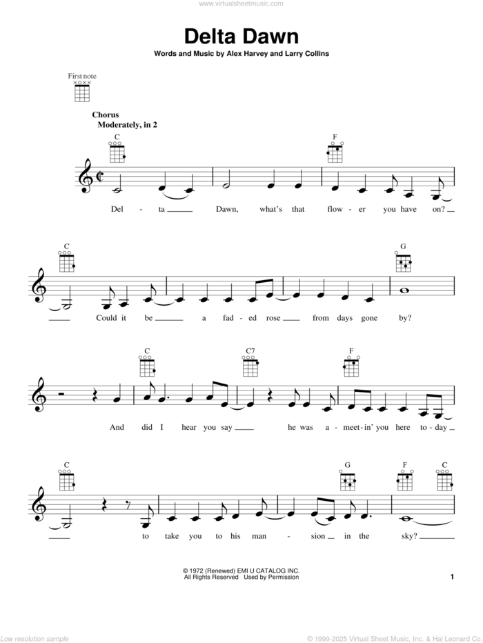 Delta Dawn sheet music for ukulele by Helen Reddy, intermediate skill level