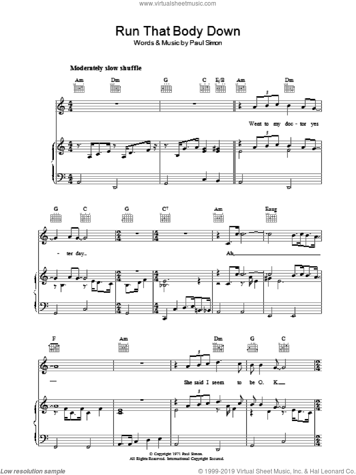 Run That Body Down sheet music for voice, piano or guitar by Paul Simon, intermediate skill level