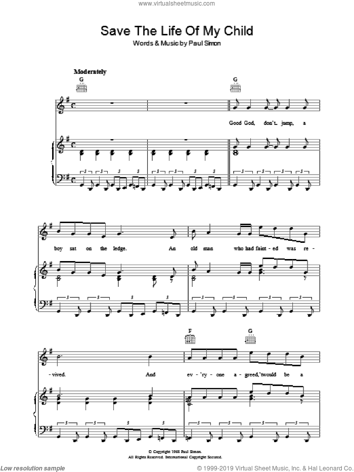 Save The Life Of My Child sheet music for voice, piano or guitar by Simon & Garfunkel and Paul Simon, intermediate skill level