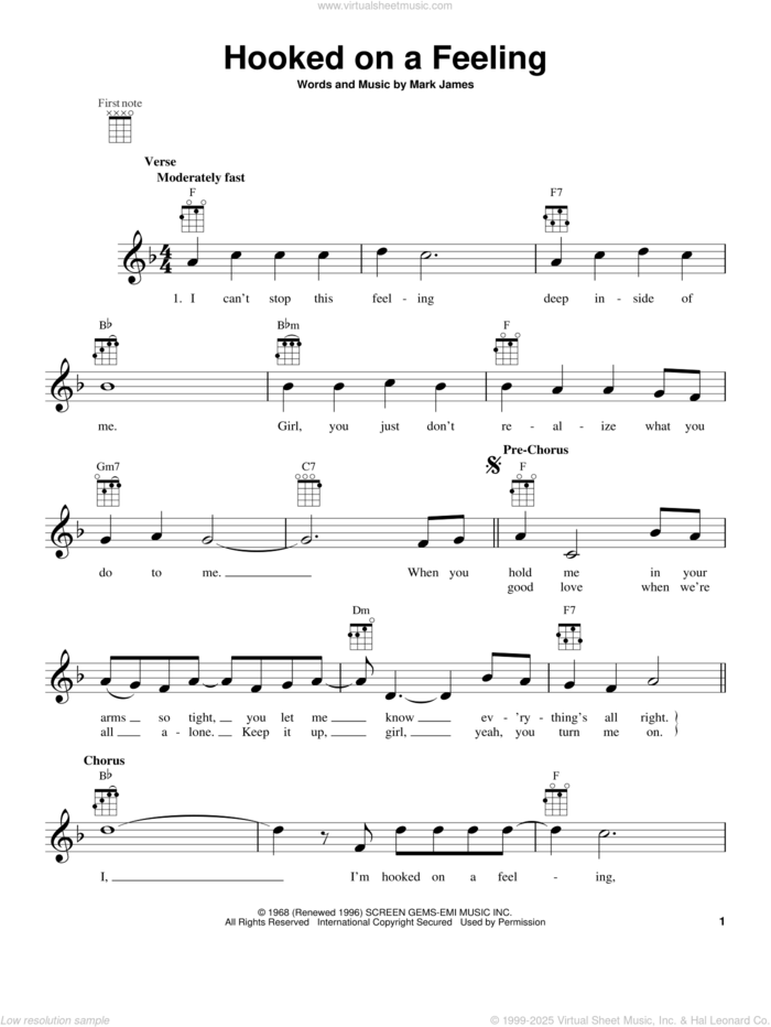 Hooked On A Feeling sheet music for ukulele by B.J. Thomas, intermediate skill level