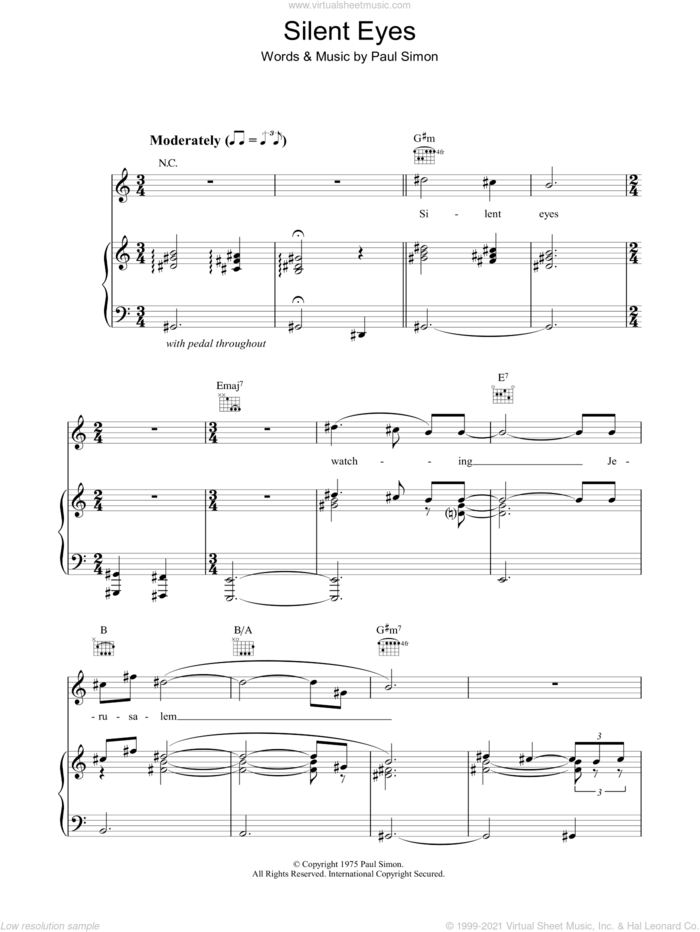Silent Eyes sheet music for voice, piano or guitar by Paul Simon, intermediate skill level