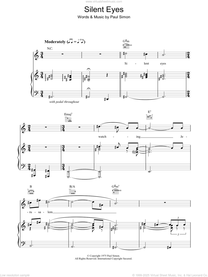 Silent Eyes sheet music for voice, piano or guitar by Paul Simon, intermediate skill level