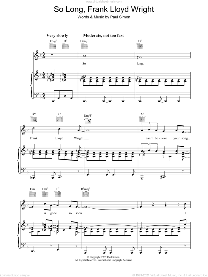 So Long, Frank Lloyd Wright sheet music for voice, piano or guitar by Simon & Garfunkel and Paul Simon, intermediate skill level