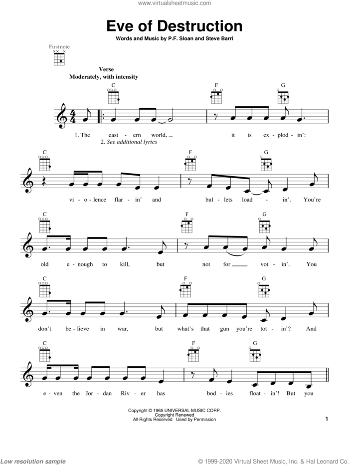 Eve Of Destruction sheet music for ukulele by Barry McGuire, intermediate skill level