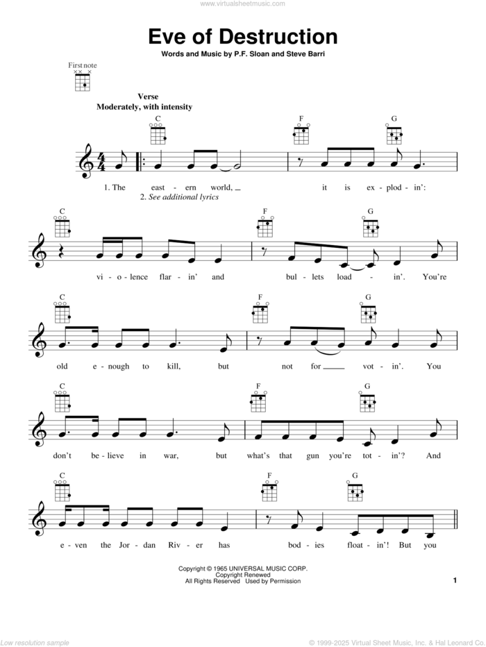 Eve Of Destruction sheet music for ukulele by Barry McGuire, intermediate skill level