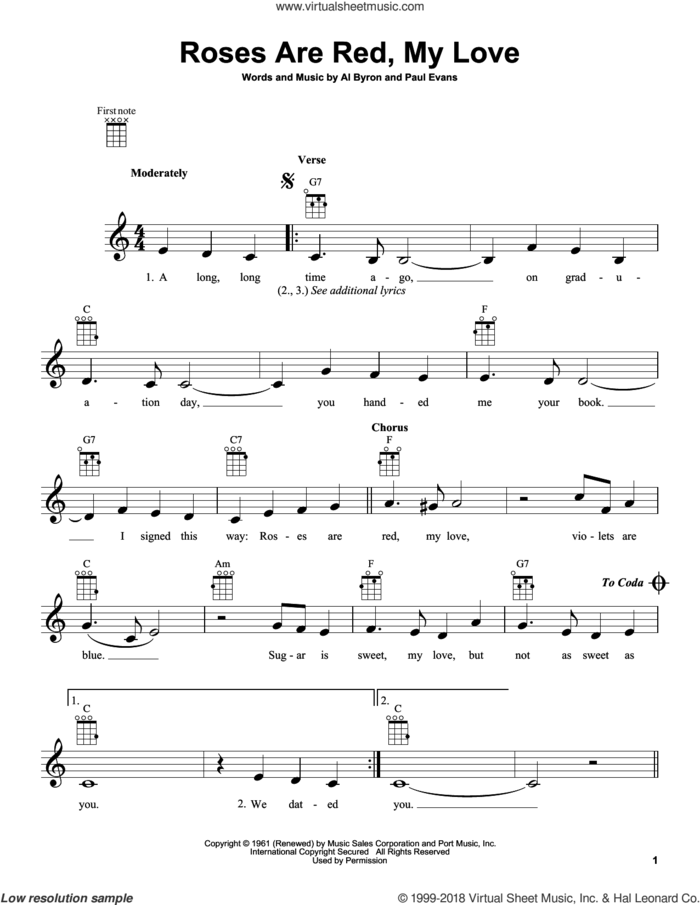 Roses Are Red, My Love sheet music for ukulele by Bobby Vinton, intermediate skill level