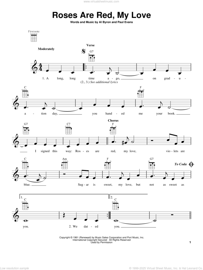 Roses Are Red, My Love sheet music for ukulele by Bobby Vinton, intermediate skill level