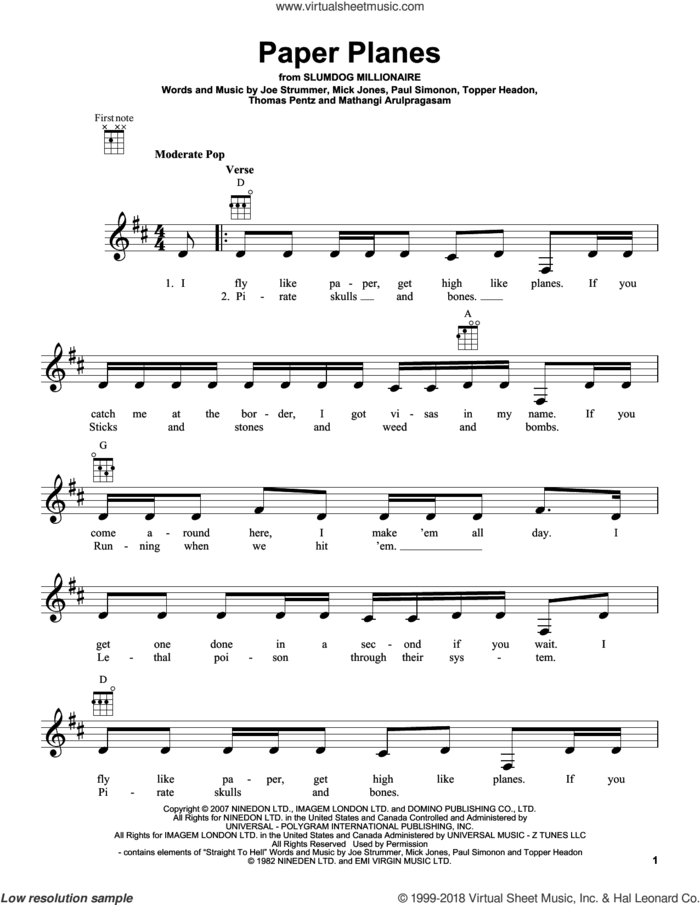 Paper Planes sheet music for ukulele by M.I.A., intermediate skill level
