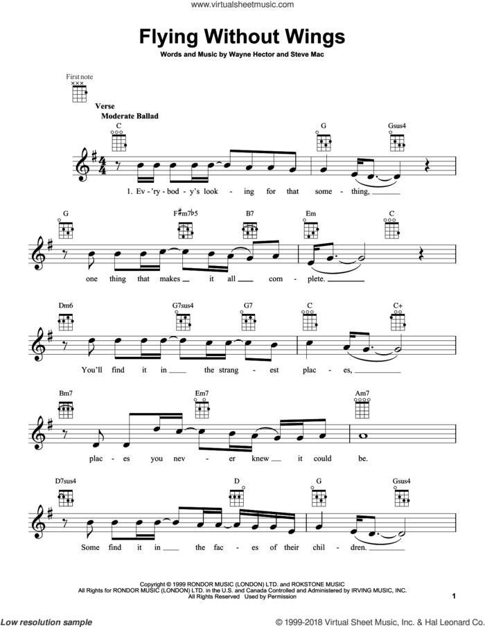 Flying Without Wings sheet music for ukulele by Ruben Studdard, intermediate skill level
