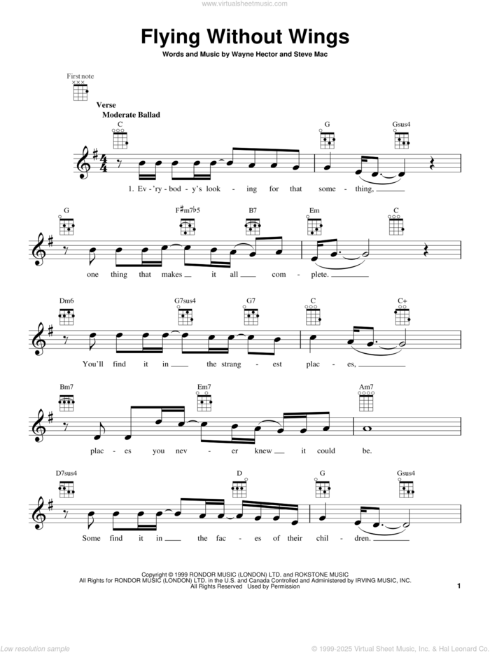 Flying Without Wings sheet music for ukulele by Ruben Studdard, intermediate skill level