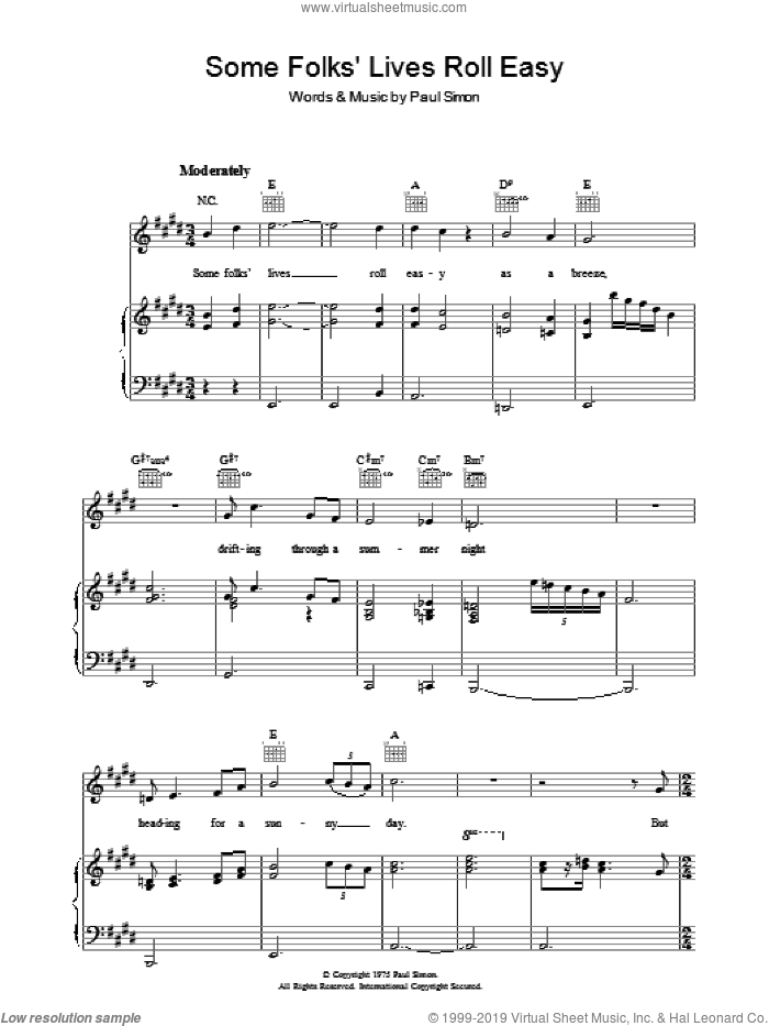 Some Folks' Lives Roll Easy sheet music for voice, piano or guitar by Paul Simon, intermediate skill level