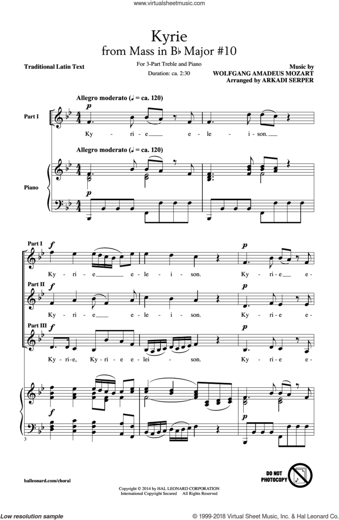 Kyrie (From The Mass In B-Flat Major #10) sheet music for choir (3-Part Treble) by Wolfgang Amadeus Mozart and Arkadi Serper, classical score, intermediate skill level