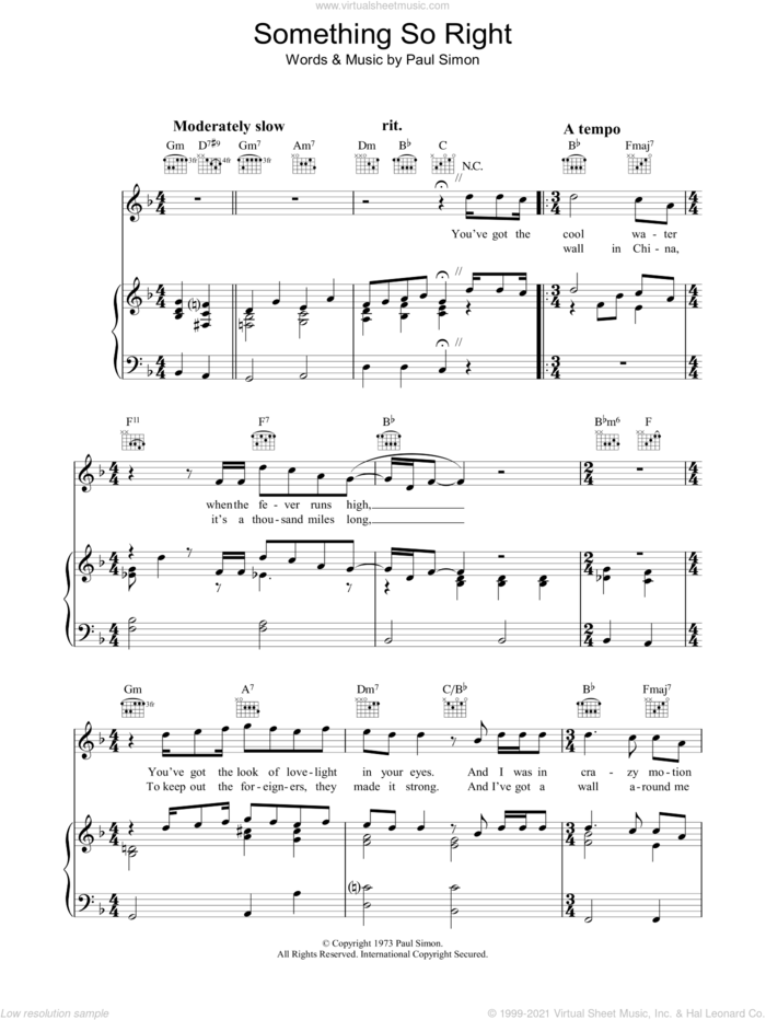 Something So Right sheet music for voice, piano or guitar by Paul Simon, intermediate skill level