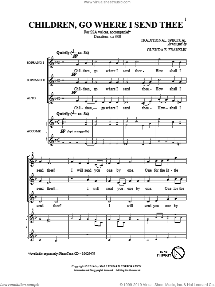 Children Go Where I Send Thee (arr. Glenda E. Franklin) sheet music for choir (SSA: soprano, alto) by Emily Crocker, Glenda E. Franklin and Miscellaneous, intermediate skill level
