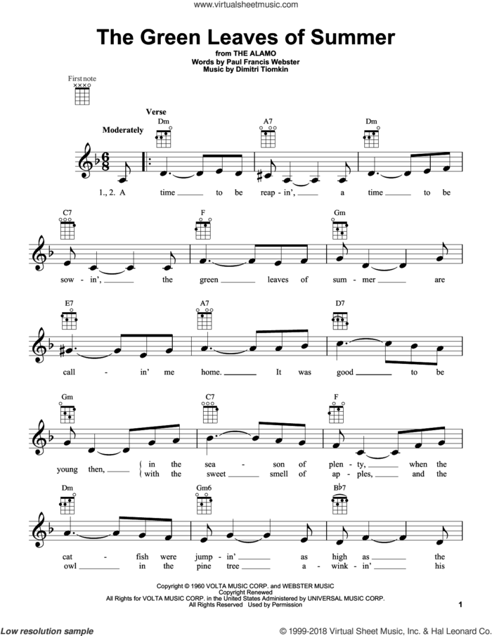 The Green Leaves Of Summer sheet music for ukulele by Dimitri Tiomkin, intermediate skill level