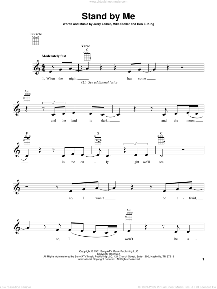 Stand By Me sheet music for ukulele by Ben E. King, intermediate skill level