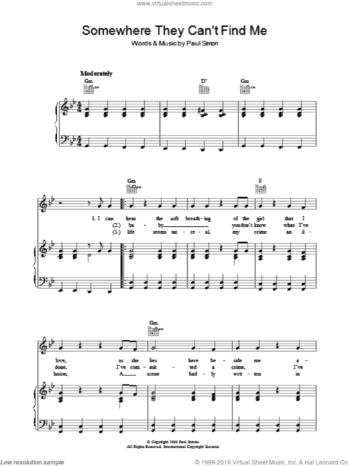 Somewhere They Can't Find Me sheet music for voice, piano or guitar by Simon & Garfunkel and Paul Simon, intermediate skill level
