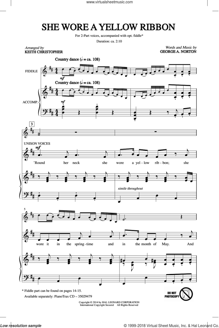 She Wore A Yellow Ribbon sheet music for choir (2-Part) by Keith Christopher, intermediate duet