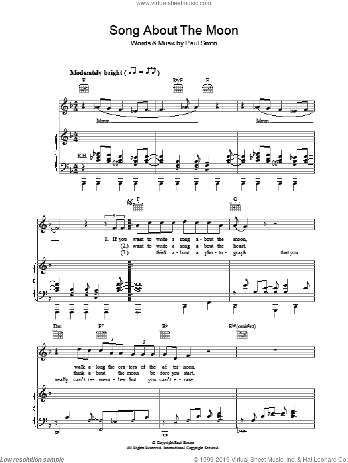 Song About The Moon sheet music for voice, piano or guitar by Paul Simon, intermediate skill level