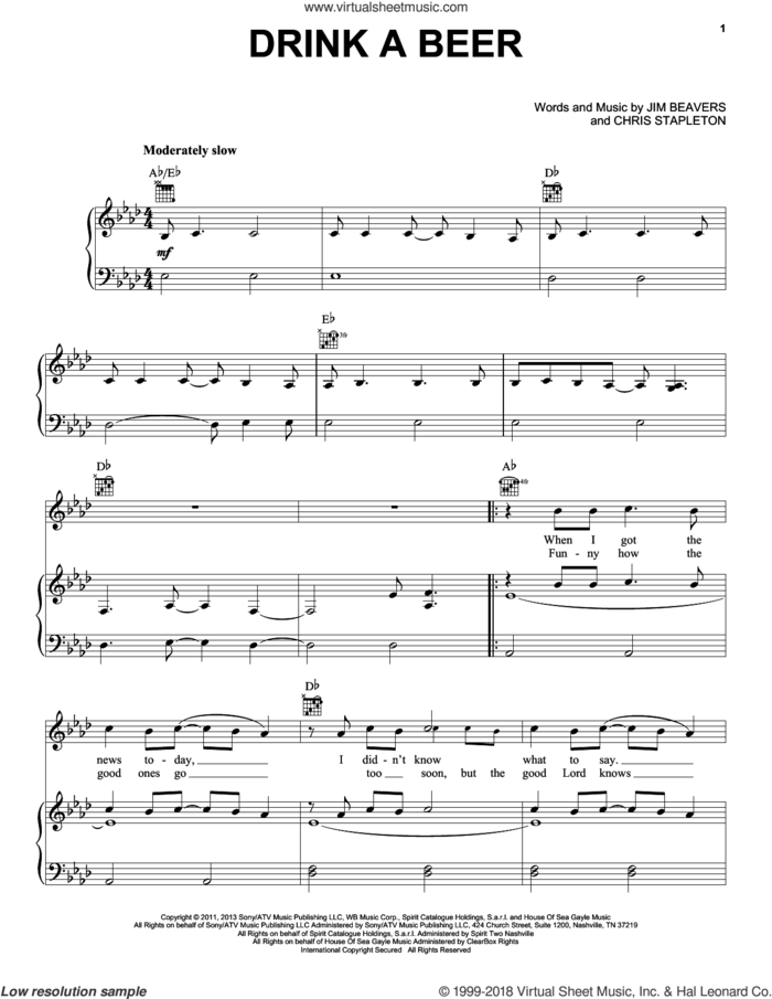 Drink A Beer sheet music for voice, piano or guitar by Luke Bryan, intermediate skill level