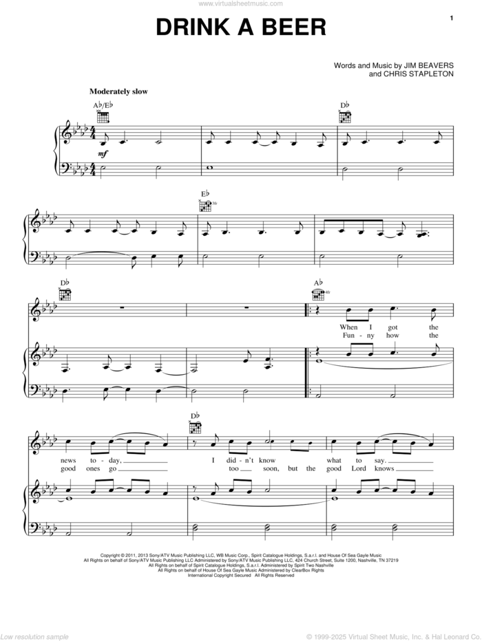 Drink A Beer sheet music for voice, piano or guitar by Luke Bryan, intermediate skill level