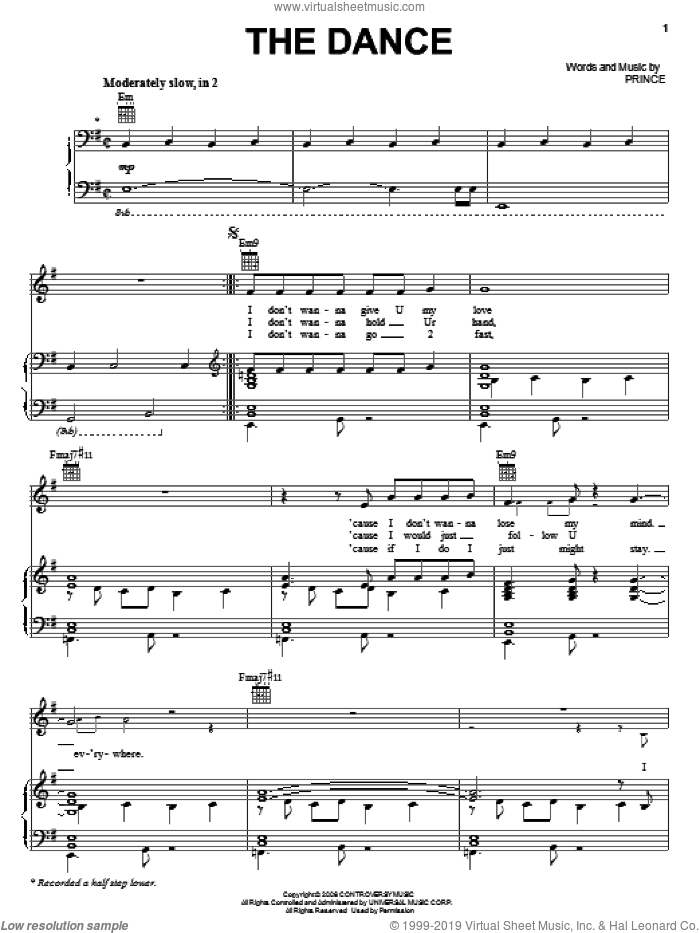 The Dance sheet music for voice, piano or guitar by Prince, intermediate skill level