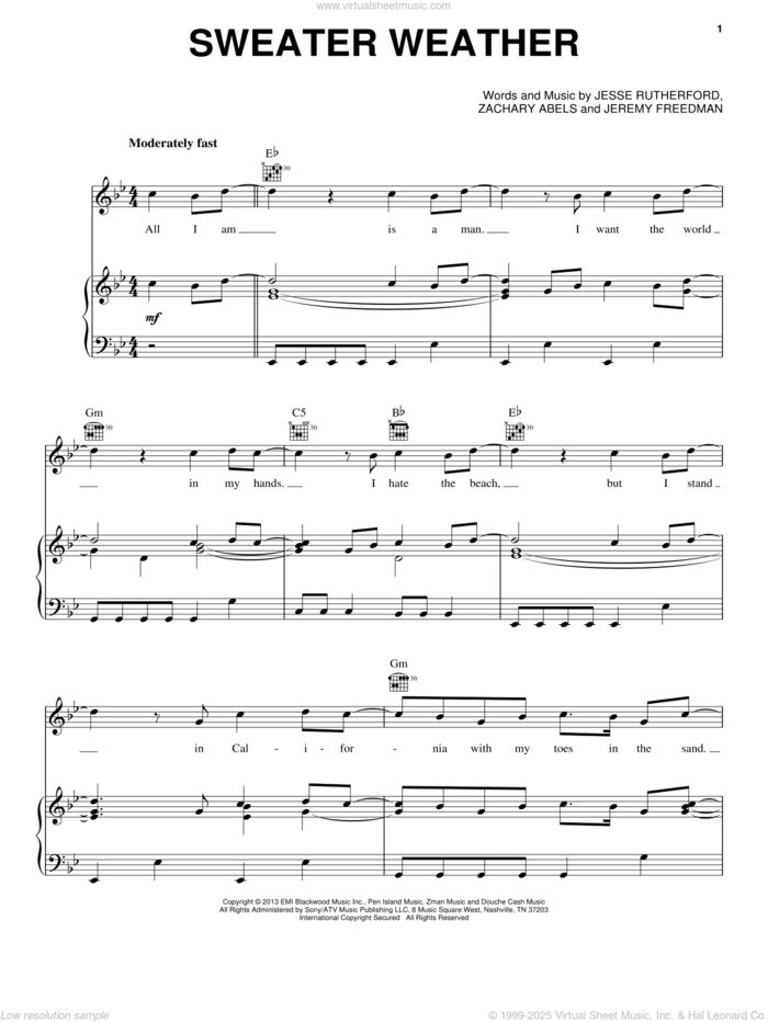 Sweater Weather sheet music for voice, piano or guitar by The Neighbourhood, intermediate skill level