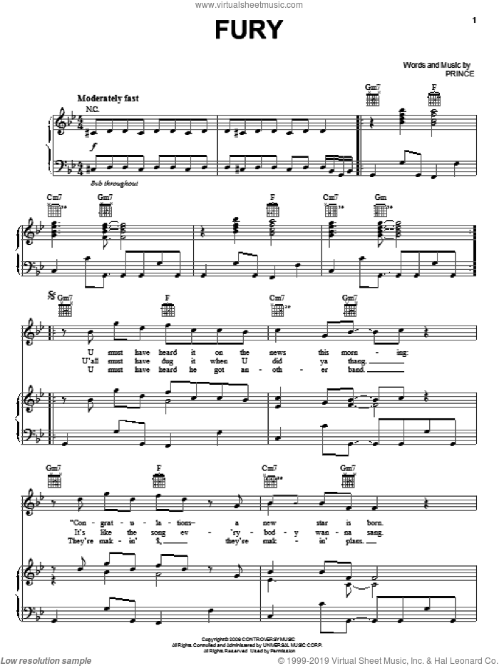 Fury sheet music for voice, piano or guitar by Prince, intermediate skill level