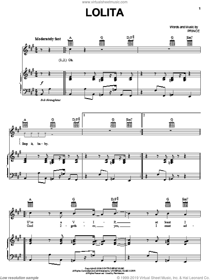 Lolita sheet music for voice, piano or guitar by Prince, intermediate skill level