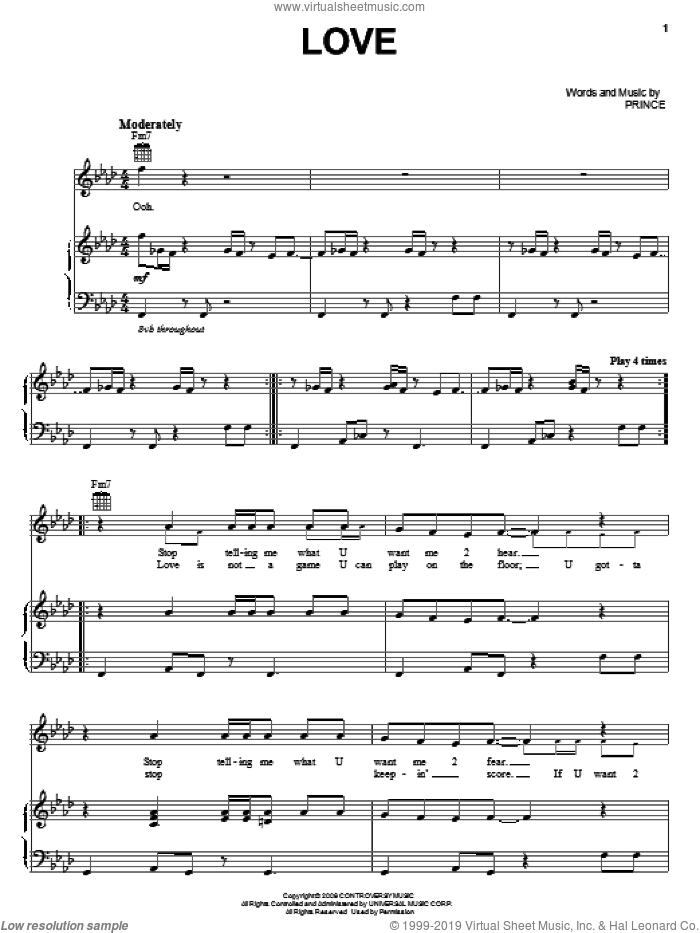 Love sheet music for voice, piano or guitar by Prince, intermediate skill level