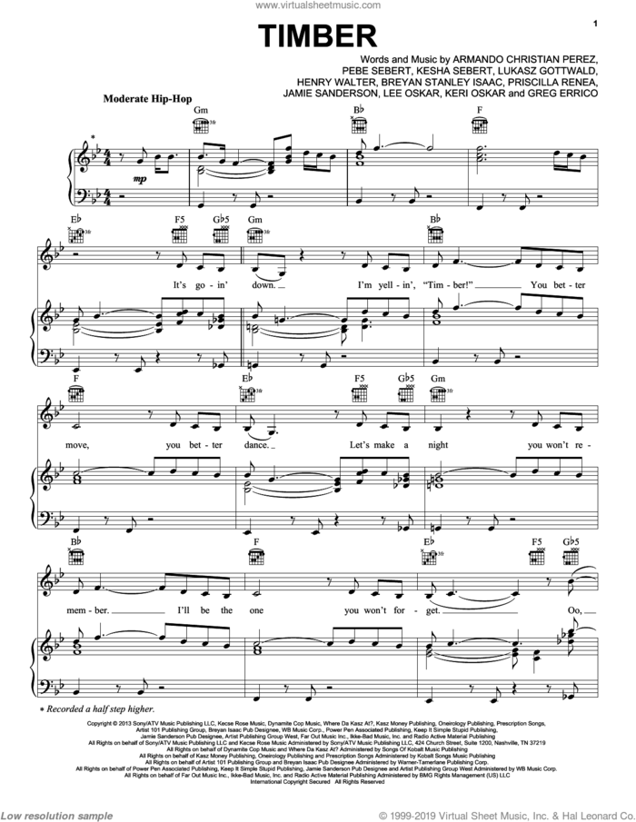 Timber sheet music for voice, piano or guitar by Kesha and Pitbull, intermediate skill level