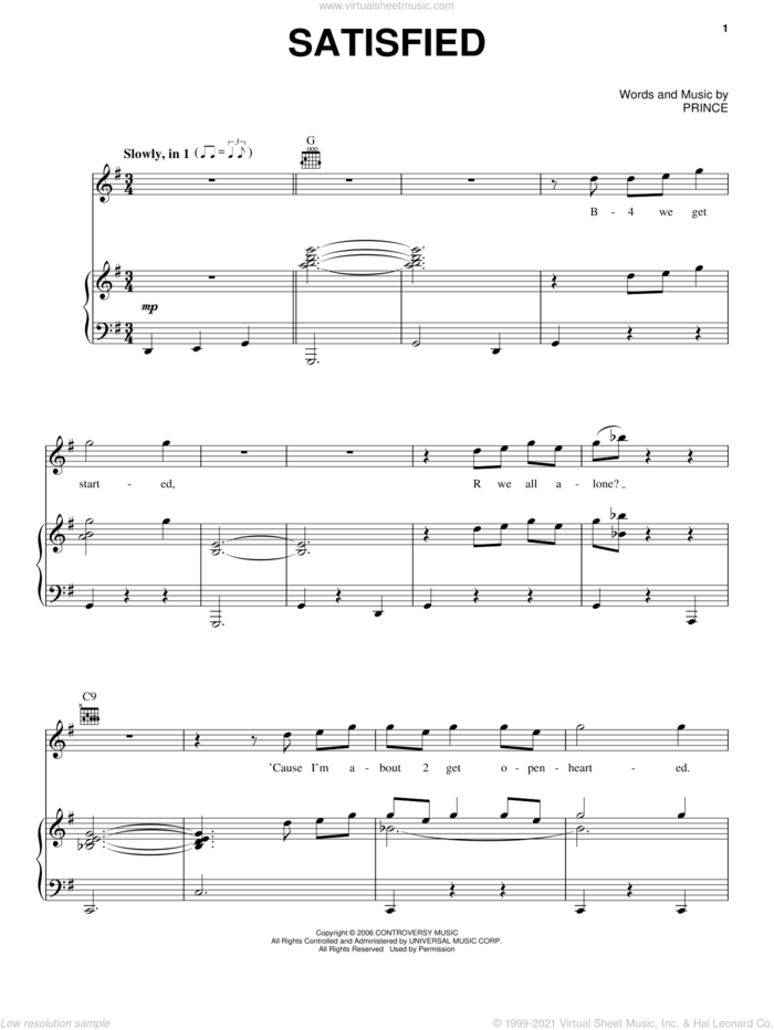 Satisfied sheet music for voice, piano or guitar by Prince, intermediate skill level