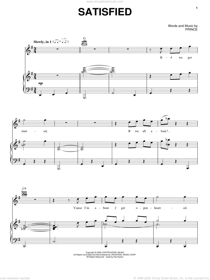 Satisfied sheet music for voice, piano or guitar by Prince, intermediate skill level