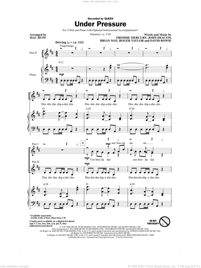 Under Pressure (arr. Mac Huff) sheet music for choir (2-Part) by Mac Huff and Queen & David Bowie, David Bowie and Queen, intermediate duet