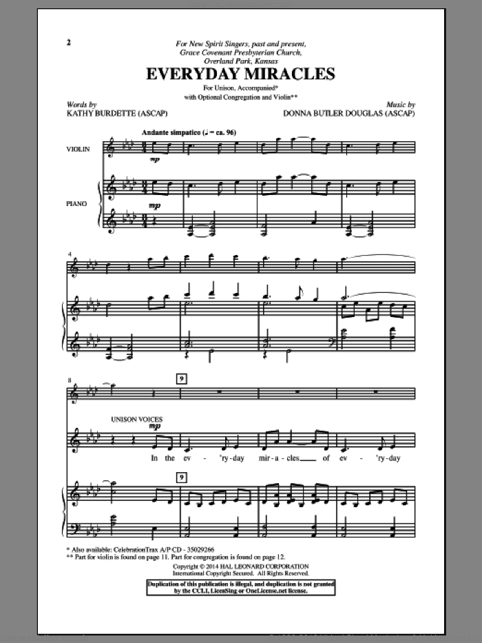Everyday Miracles sheet music for choir (Unison) by Donna Butler Douglas and Kathy Burdette, intermediate skill level