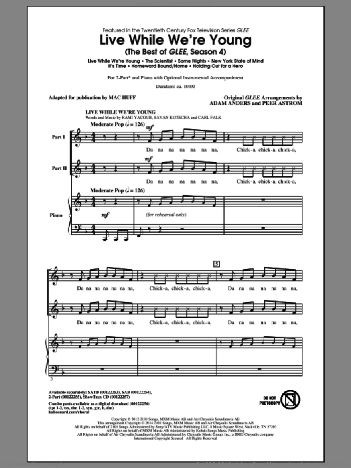 Live While We're Young (The Best of Glee Season 4) sheet music for choir (2-Part) by Mac Huff and Glee Cast, intermediate duet