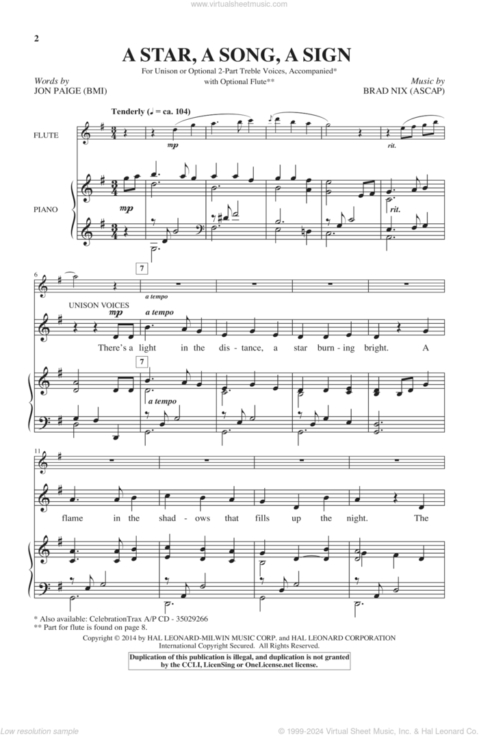 A Star, A Song, A Sign sheet music for choir (Unison) by Brad Nix and Jon Paige, intermediate skill level