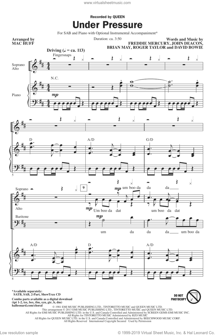 Under Pressure (arr. Mac Huff) sheet music for choir (SAB: soprano, alto, bass) by Mac Huff and Queen & David Bowie, David Bowie and Queen, intermediate skill level