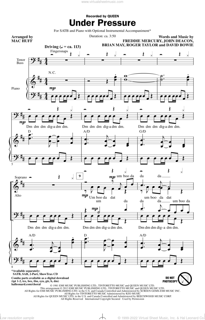 Under Pressure (arr. Mac Huff) sheet music for choir (SATB: soprano, alto, tenor, bass) by Mac Huff and Queen & David Bowie, David Bowie and Queen, intermediate skill level