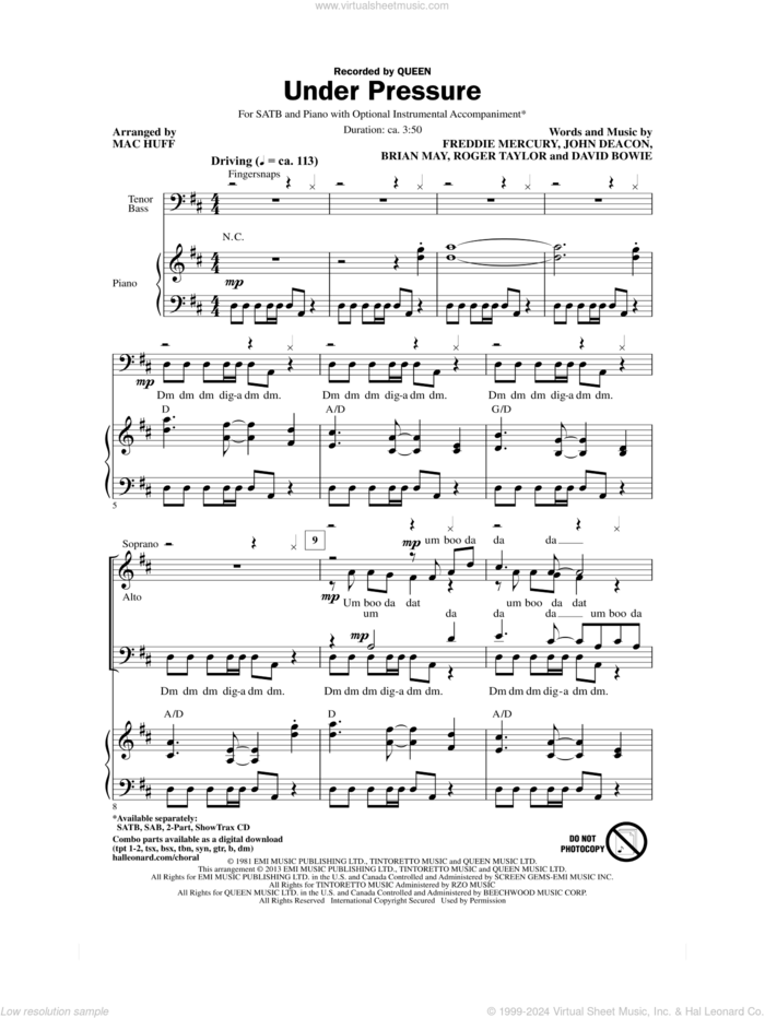 Under Pressure (arr. Mac Huff) sheet music for choir (SATB: soprano, alto, tenor, bass) by Mac Huff and Queen & David Bowie, David Bowie and Queen, intermediate skill level