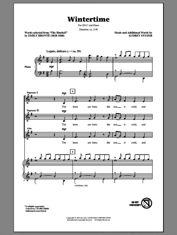 Wintertime sheet music for choir (SSA: soprano, alto) by Audrey Snyder, intermediate skill level