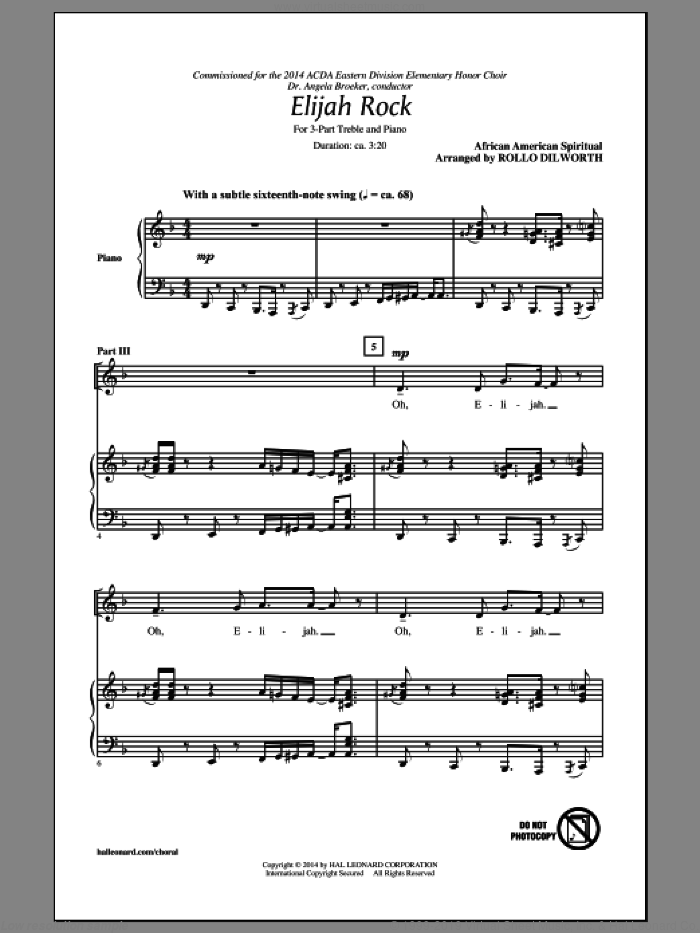 Elijah Rock (arr. Rollo Dilworth) sheet music for choir (3-Part Treble) by Rollo Dilworth and Miscellaneous, intermediate skill level