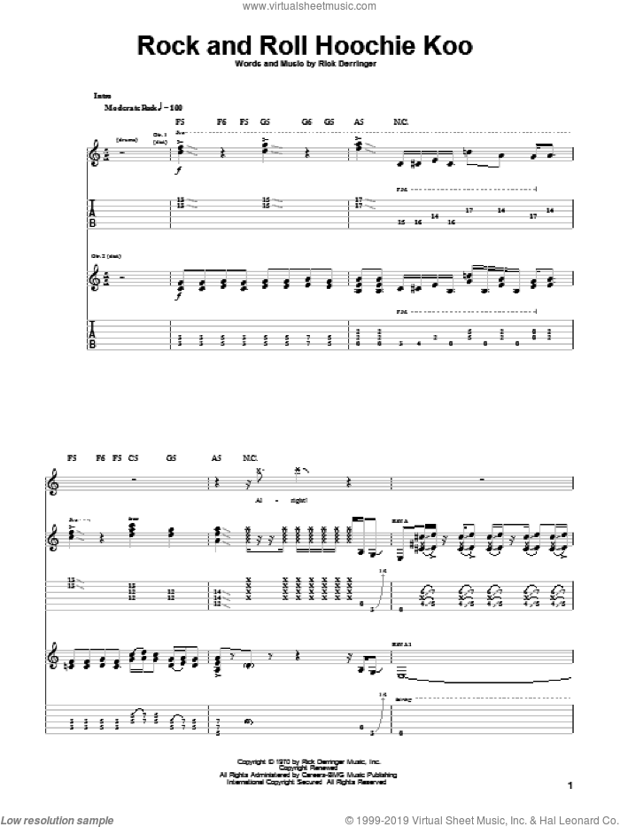 Rock And Roll Hoochie Koo sheet music for guitar (tablature) by Rick Derringer, intermediate skill level