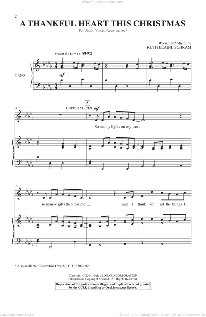 A Thankful Heart This Christmas sheet music for choir (Unison) by Ruth Elaine Schram, intermediate skill level