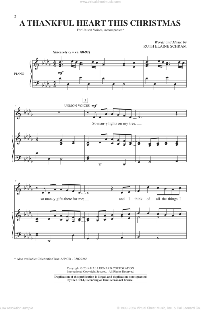 A Thankful Heart This Christmas sheet music for choir (Unison) by Ruth Elaine Schram, intermediate skill level