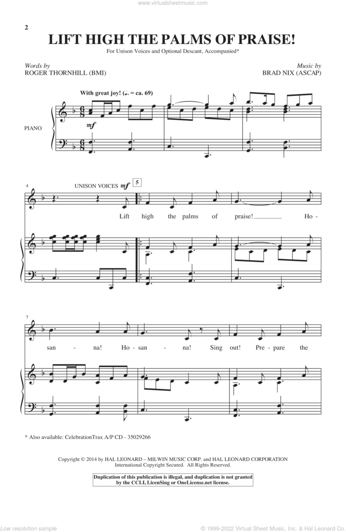 Lift High The Palms Of Praise! sheet music for choir (Unison) by Brad Nix, intermediate skill level