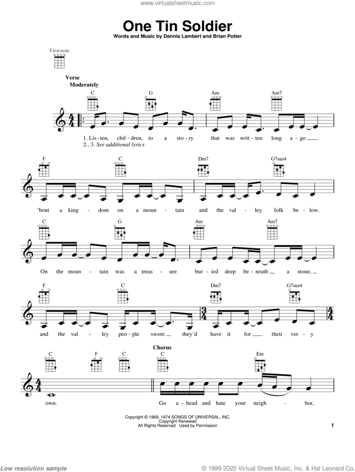 One Tin Soldier sheet music for ukulele by Coven, intermediate skill level