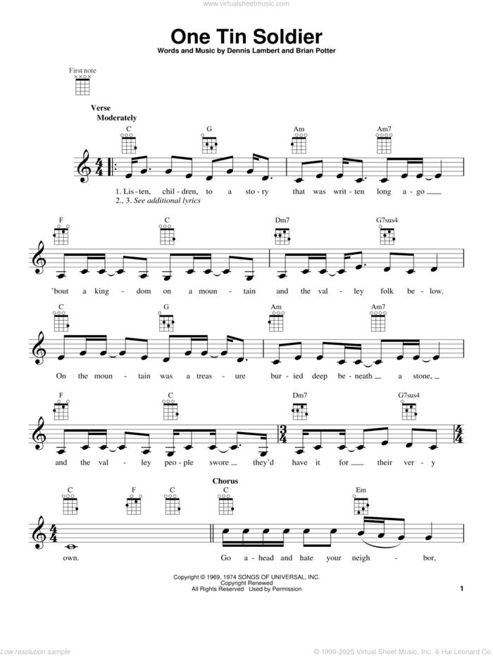 One Tin Soldier sheet music for ukulele by Coven, intermediate skill level